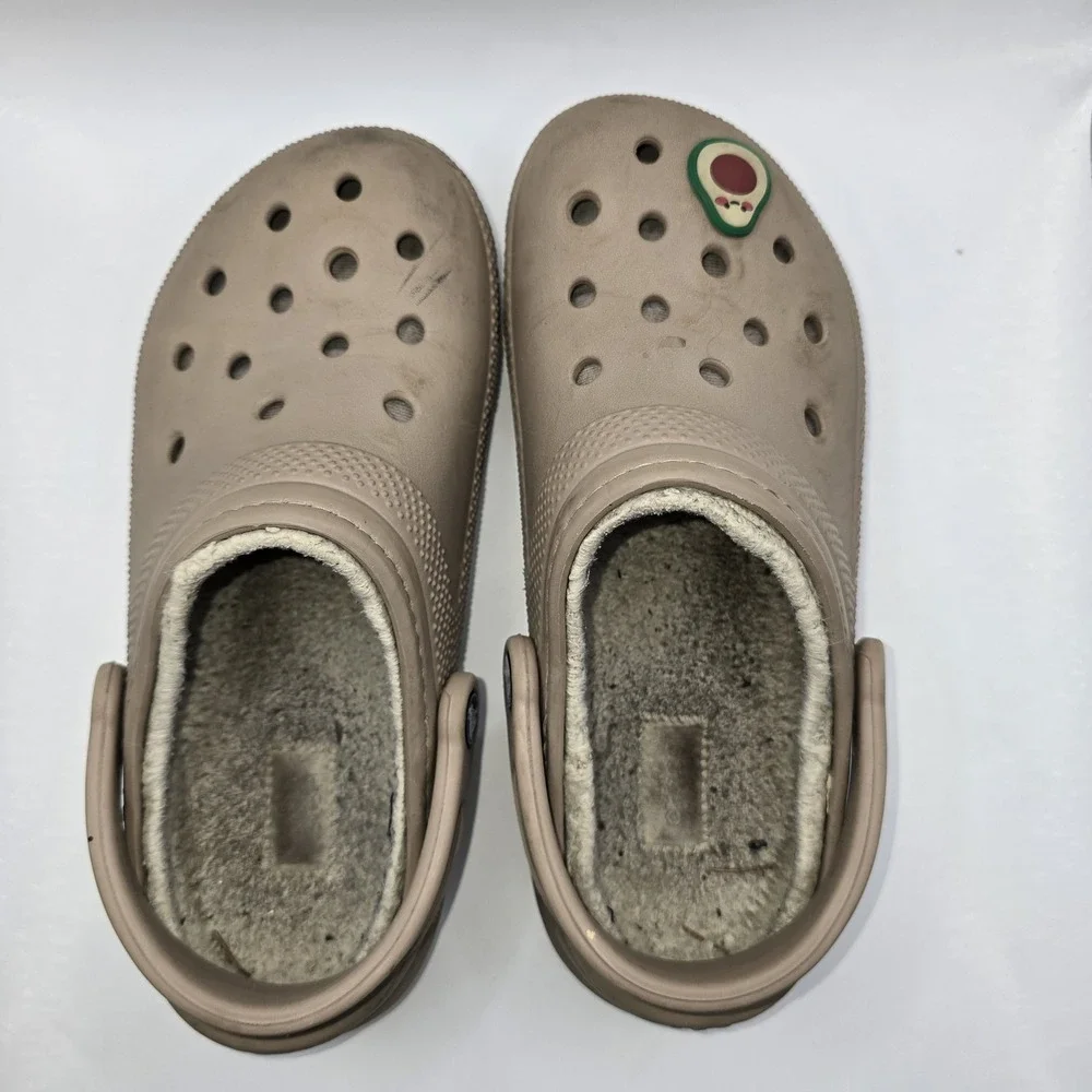 Crocs Kids Girls Classic Lined Clogs Brown Fuzzy Winter Slip On Shoes